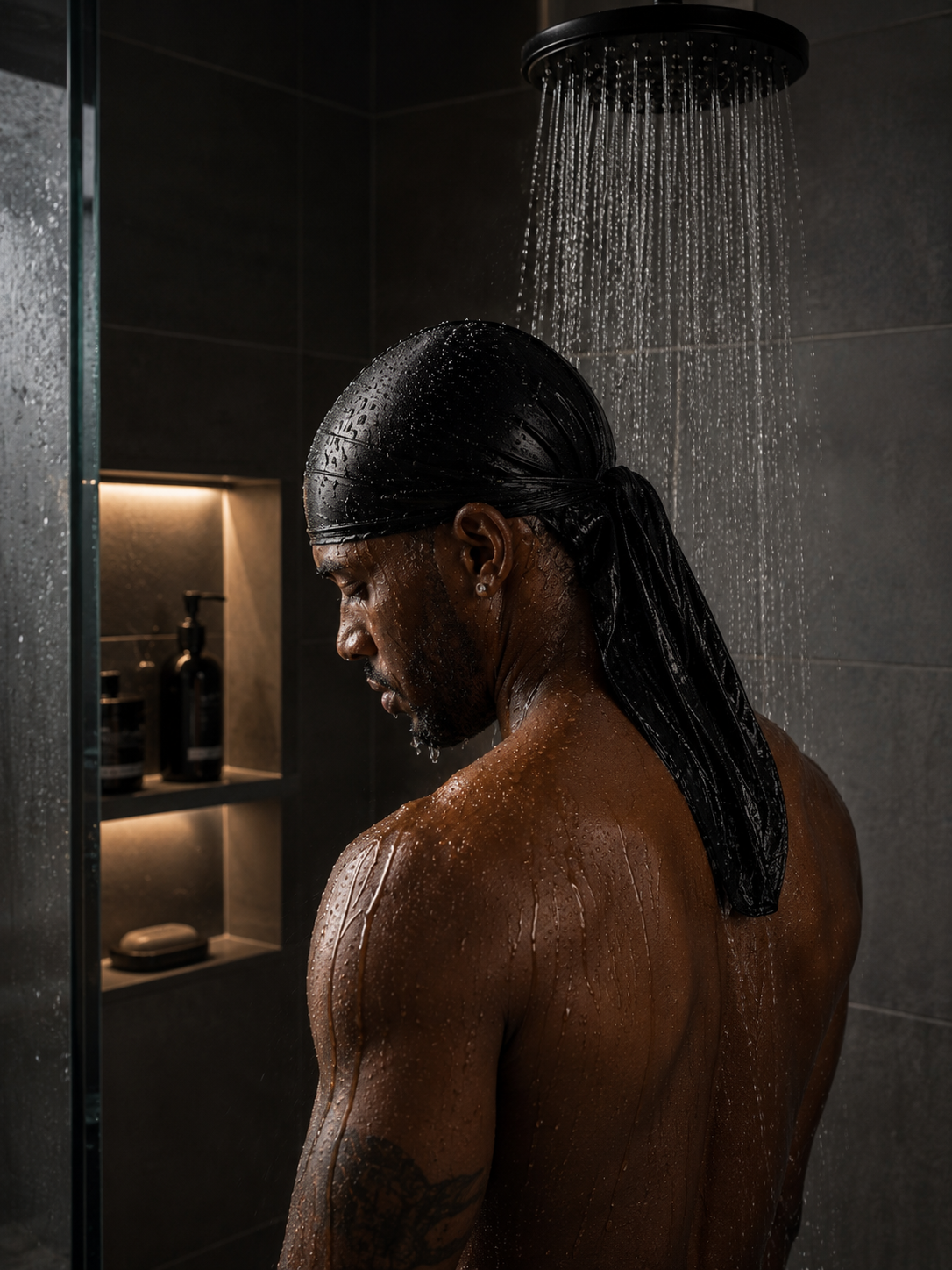 Morning shower in the Onyx waterproof durag